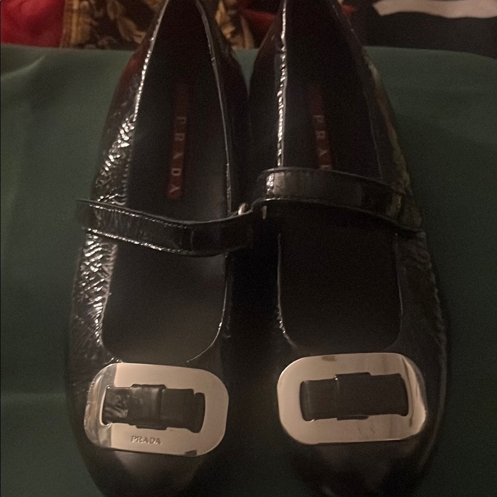 Prada Black Patent Leather Loafers with Silver Buckle